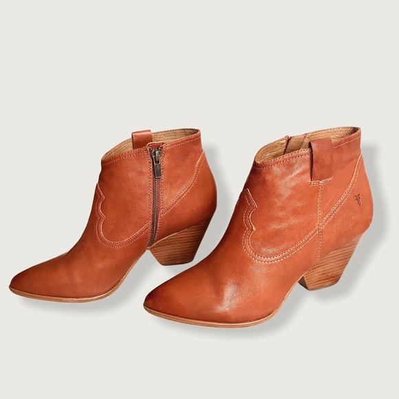 Frye Reina Genuine Cognac Leather Pull On Everyday Casual Wood Heel Ankle Bootie - Picture 12 of 14